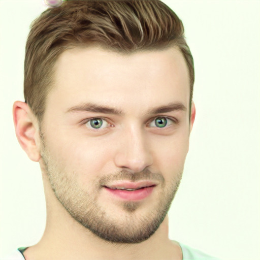 Joyful white young-adult male with short  brown hair and green eyes