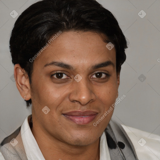 Joyful latino young-adult female with short  brown hair and brown eyes