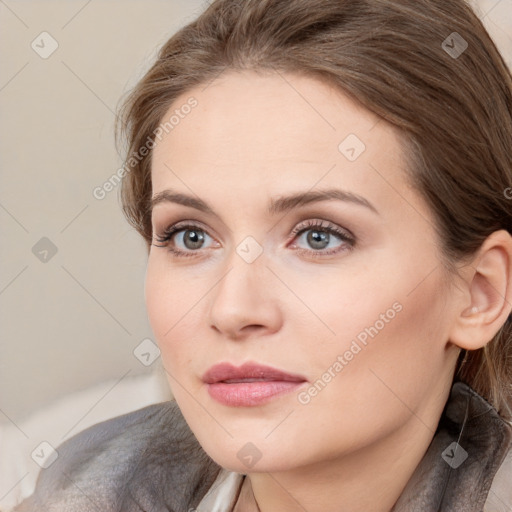Neutral white young-adult female with long  brown hair and grey eyes