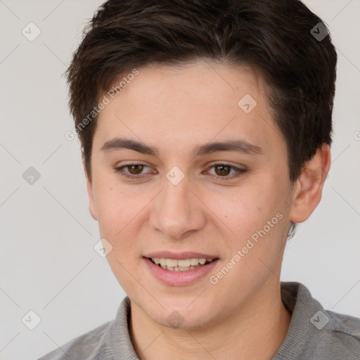 Joyful white young-adult female with short  brown hair and brown eyes