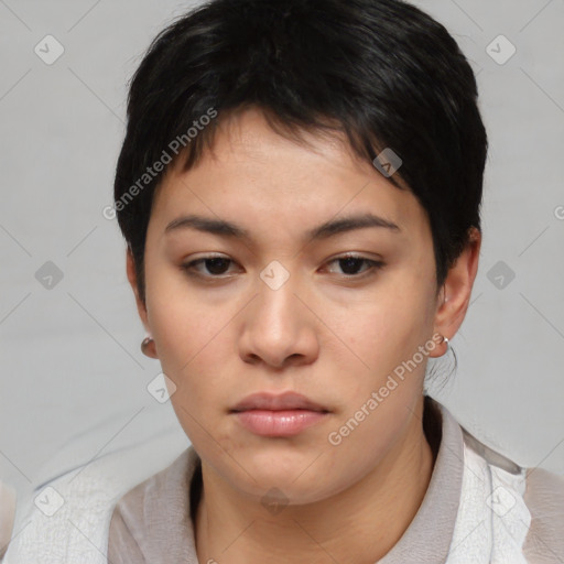 Neutral asian young-adult female with short  brown hair and brown eyes