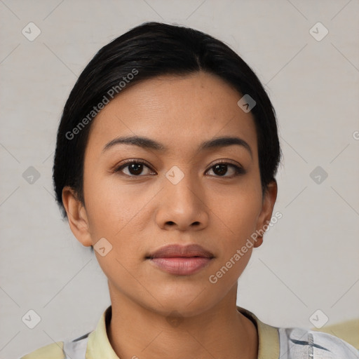 Neutral latino young-adult female with short  black hair and brown eyes