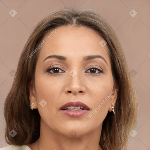 Joyful white young-adult female with medium  brown hair and brown eyes