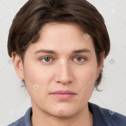 Neutral white young-adult male with medium  brown hair and grey eyes