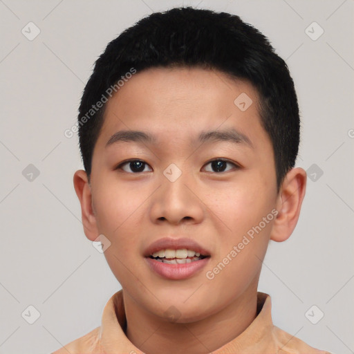 Joyful asian young-adult male with short  black hair and brown eyes