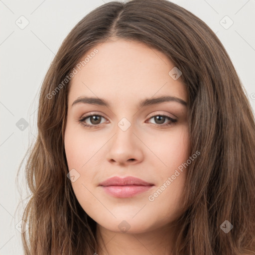 Neutral white young-adult female with long  brown hair and brown eyes