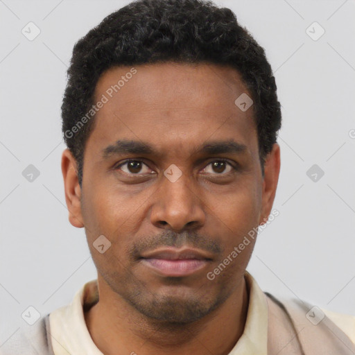 Neutral latino young-adult male with short  brown hair and brown eyes