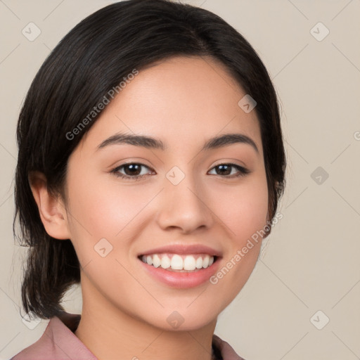 Joyful white young-adult female with medium  black hair and brown eyes