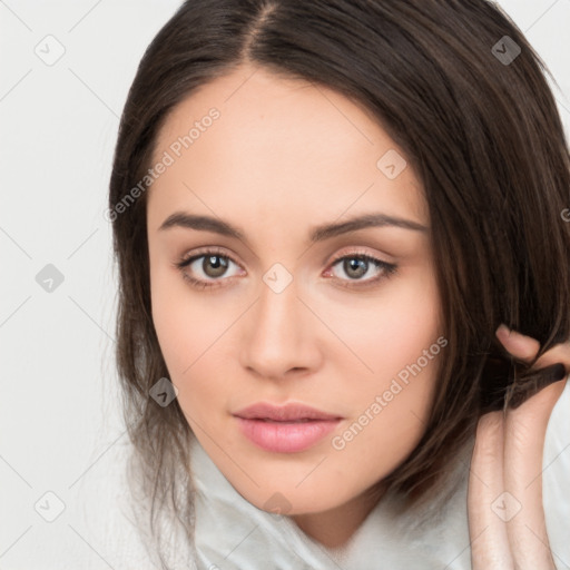 Neutral white young-adult female with medium  brown hair and brown eyes