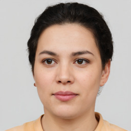 Neutral white young-adult female with short  brown hair and brown eyes