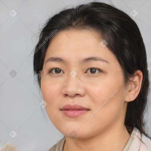 Joyful white adult female with medium  brown hair and brown eyes