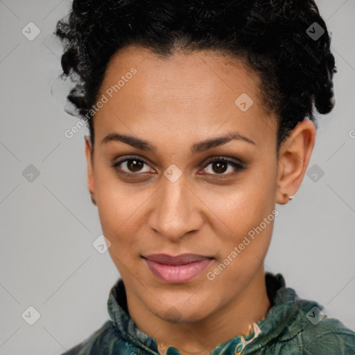 Joyful latino young-adult female with short  brown hair and brown eyes