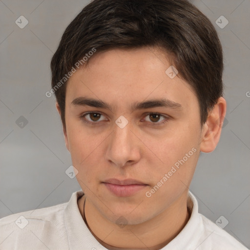 Neutral white young-adult male with short  brown hair and brown eyes