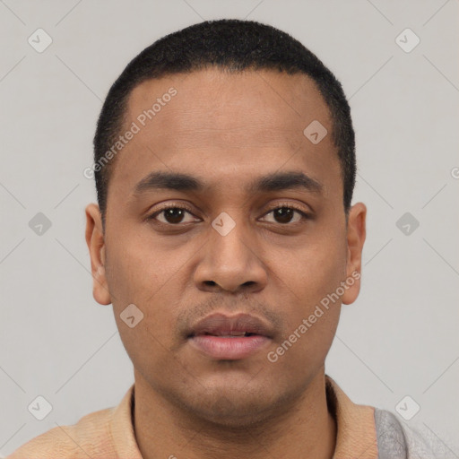 Neutral latino young-adult male with short  black hair and brown eyes