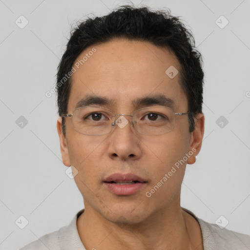 Neutral asian adult male with short  black hair and brown eyes