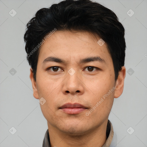 Neutral asian young-adult male with short  black hair and brown eyes