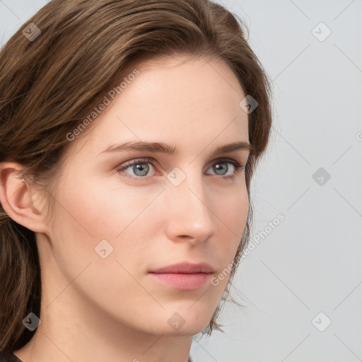 Neutral white young-adult female with medium  brown hair and grey eyes