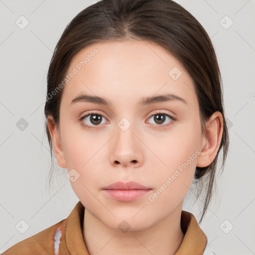 Neutral white young-adult female with medium  brown hair and brown eyes