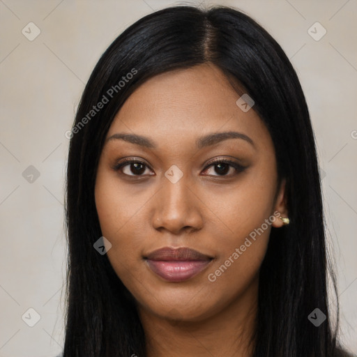 Joyful asian young-adult female with long  black hair and brown eyes