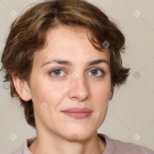 Joyful white young-adult female with medium  brown hair and green eyes