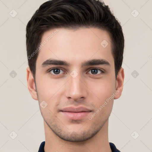 Neutral white young-adult male with short  brown hair and brown eyes