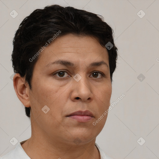 Neutral white adult female with short  brown hair and brown eyes