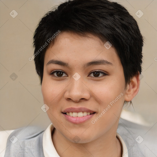 Joyful asian young-adult female with short  brown hair and brown eyes