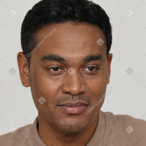Joyful black young-adult male with short  black hair and brown eyes