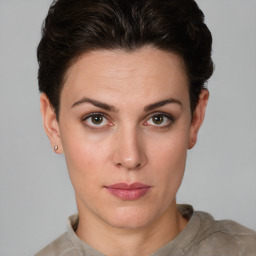 Neutral white young-adult female with short  brown hair and brown eyes