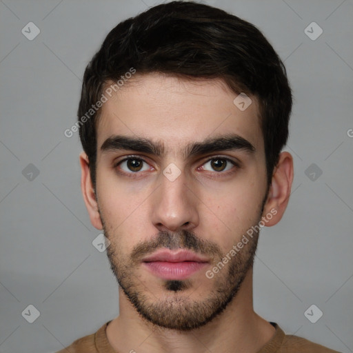 Neutral white young-adult male with short  brown hair and brown eyes