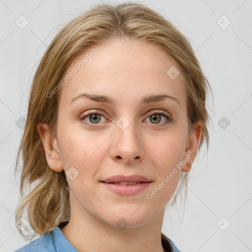 Joyful white young-adult female with medium  brown hair and blue eyes