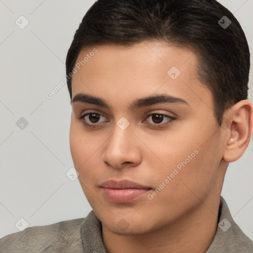 Neutral white young-adult male with short  brown hair and brown eyes