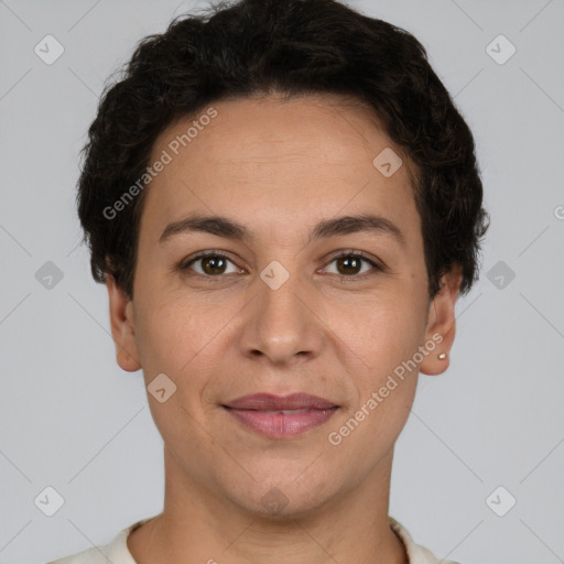 Joyful white adult female with short  brown hair and brown eyes