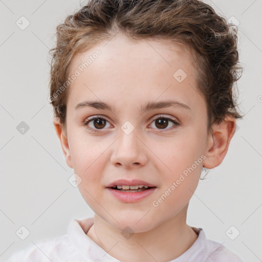 Joyful white child female with short  brown hair and brown eyes