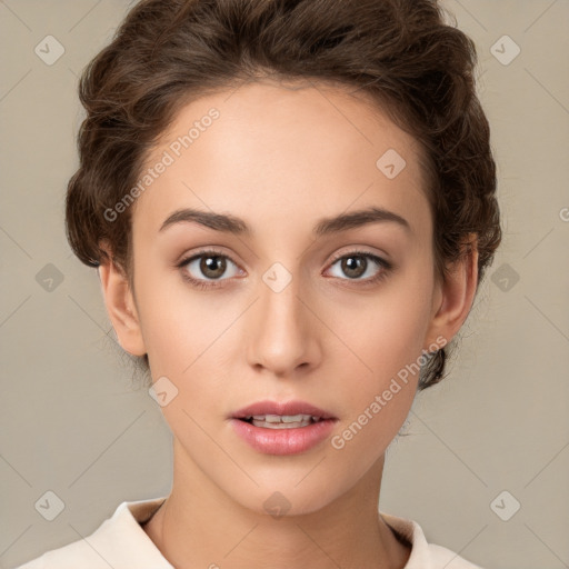 Neutral white young-adult female with short  brown hair and brown eyes