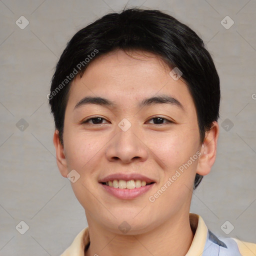 Joyful asian young-adult female with short  brown hair and brown eyes