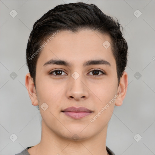 Joyful white young-adult male with short  brown hair and brown eyes