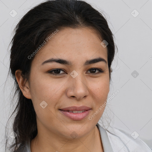 Joyful latino young-adult female with medium  brown hair and brown eyes