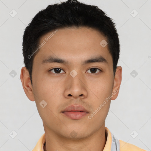 Neutral asian young-adult male with short  brown hair and brown eyes