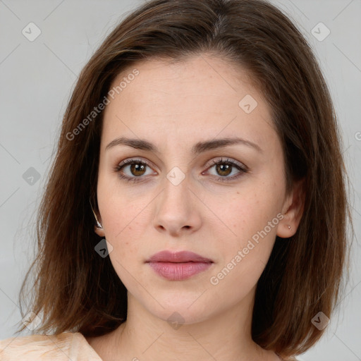 Neutral white young-adult female with medium  brown hair and brown eyes