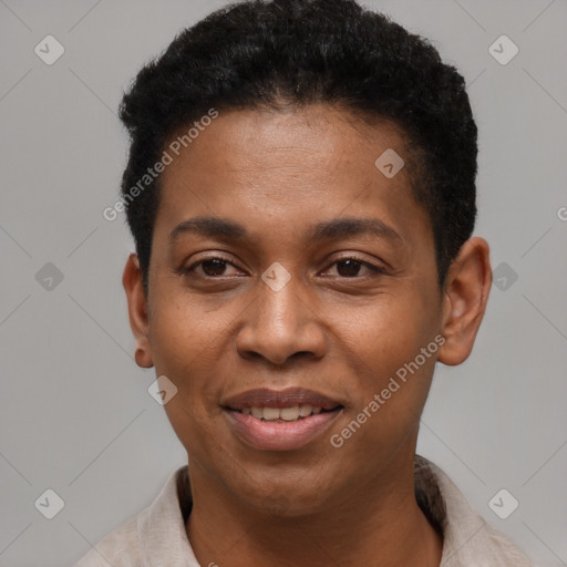 Joyful black young-adult male with short  black hair and brown eyes