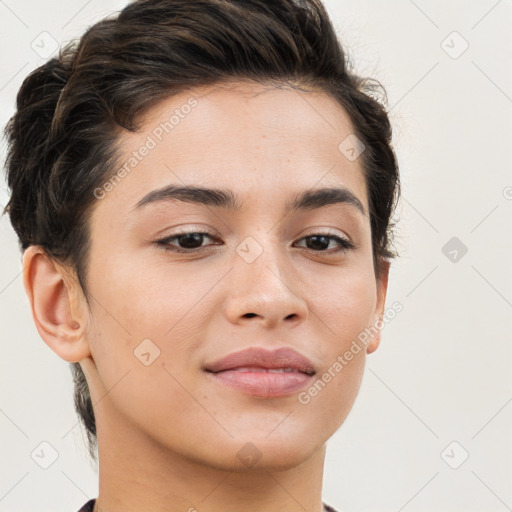 Joyful white young-adult female with short  brown hair and brown eyes