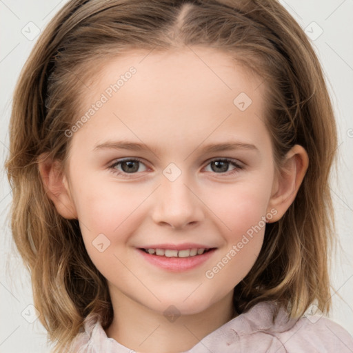 Joyful white child female with medium  brown hair and brown eyes