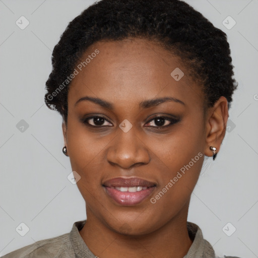 Joyful latino young-adult female with short  black hair and brown eyes