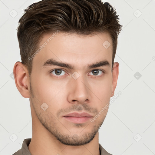 Neutral white young-adult male with short  brown hair and brown eyes