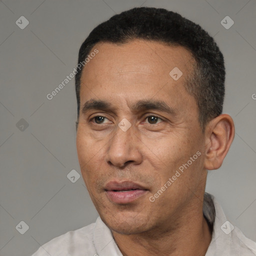 Joyful latino adult male with short  black hair and brown eyes