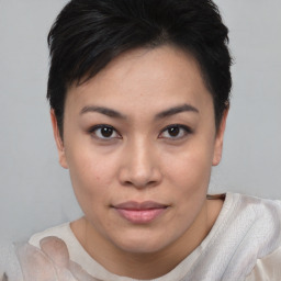 Joyful asian young-adult female with short  brown hair and brown eyes