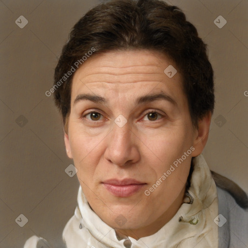 Joyful white adult female with short  brown hair and brown eyes