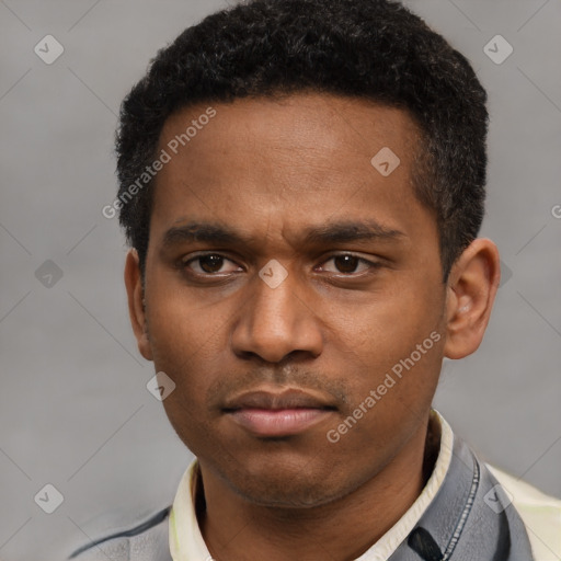 Neutral latino young-adult male with short  black hair and brown eyes