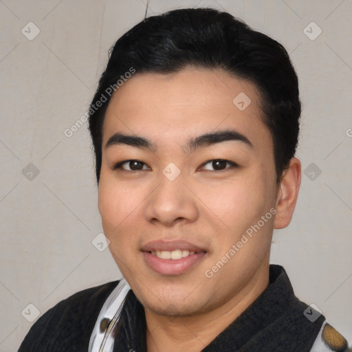 Joyful asian young-adult male with short  black hair and brown eyes